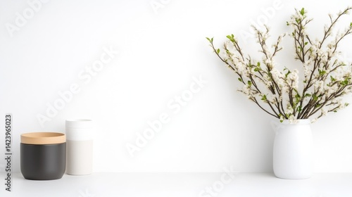 Simple, minimalist home decor with a vase of spring blossoms.  