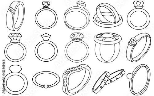 Vector Collection of Luxury Wedding Ring Icons: Diamond Engagement Symbolism in Vector Art.