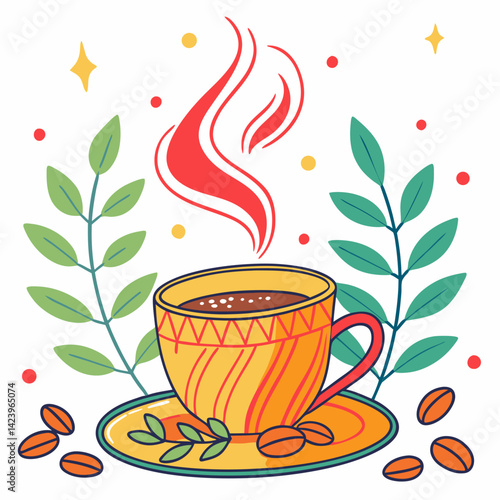 Warm Coffee Cup Surrounded By Natural Elements Cartoon Illustration Style
