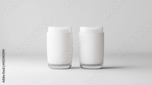 Two blank white glass cups with sleeves stand side by side on a clean gray studio background, offering a minimalist mockup template.