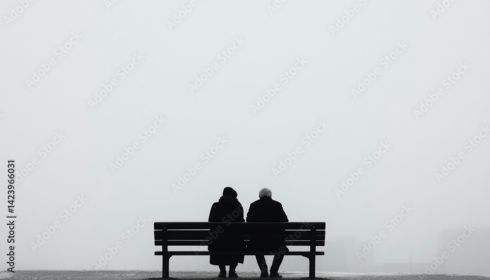 Elderly couple on bench in fog Elderly couple on bench in fog