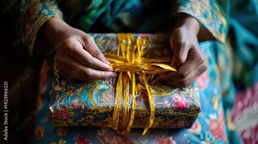 A persons hands preparing a beautiful gift box with ribbon A persons hands preparing a beautiful gift box with ribbon