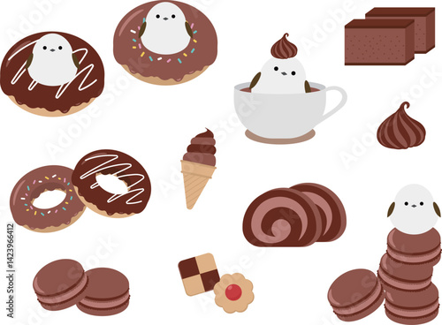 シマエナガとチョコレートスイーツのイラスト素材セット