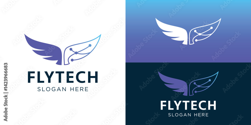 Obraz premium Modern flytech logo template. Wing technology logo design vector illustration.
