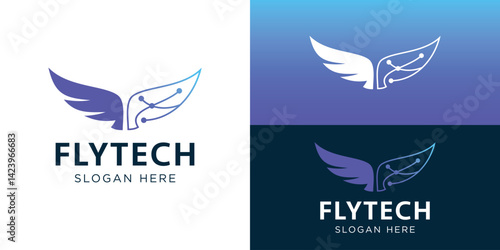 Modern flytech logo template. Wing technology logo design vector illustration.