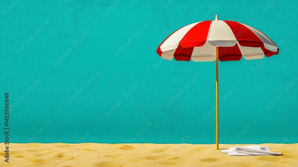 Fototapeta premium Red and White Striped Beach Umbrella on Sandy Beach with Teal Wall
