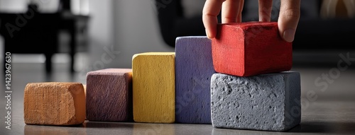 Hands adding wooden blocks in red and purple to a tower on an office table, symbolizing business growth and strategy