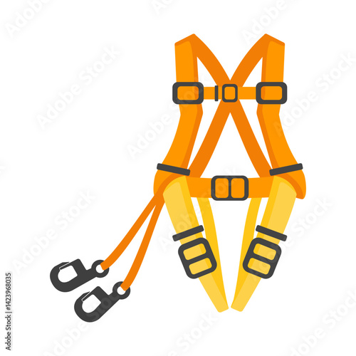 Safety harness for fall protection in construction and industrial work. Personal protective equipment (PPE) for worker security. Vector illustration isolated on a white background.