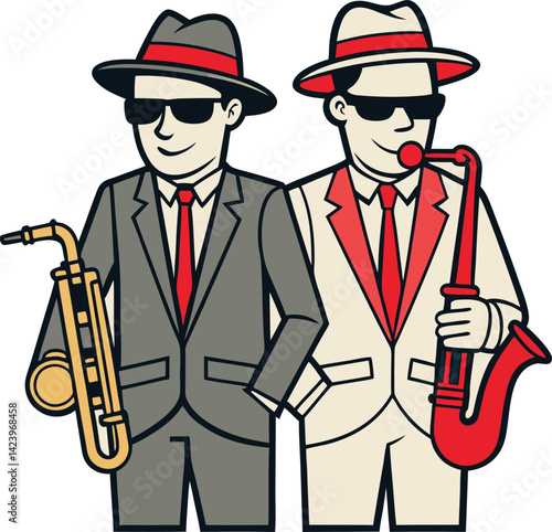 Jazz Musicians in Suits Playing Saxophones, Vector illustration of a clipart design celebrating International Jazz Day