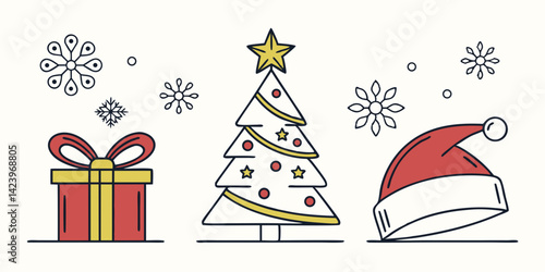 Christmas Line Art Illustrations Festive Gift, Tree, and Santa Hat
