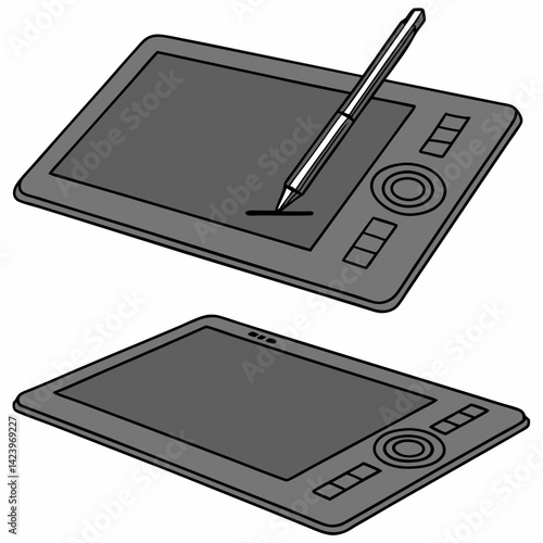 Two Graphic Tablets With A Pen Drawing A Line On The First One
