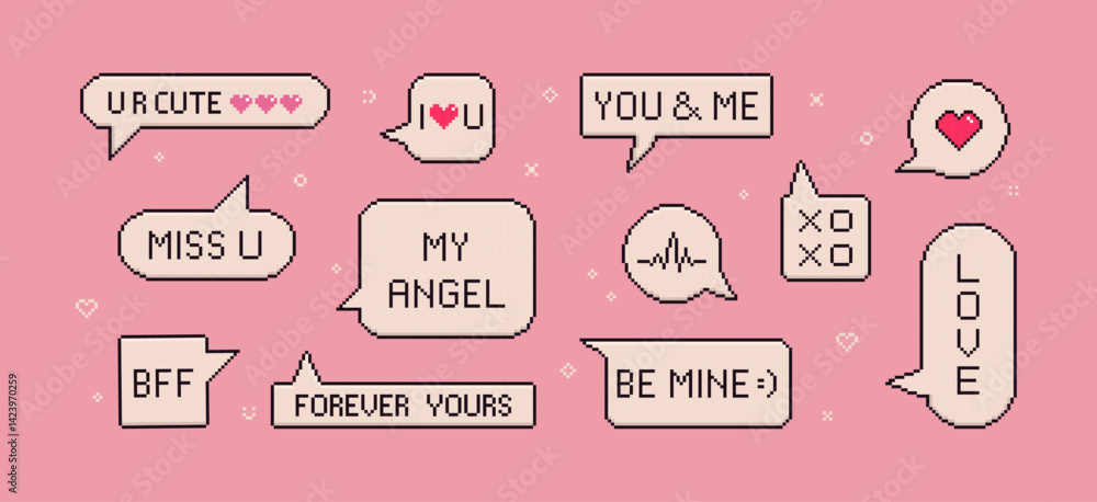 Pixel art speech bubbles with romantic phrases. Love quotes in 8-bit style dialogue boxes on a pink background. Pixel art speech bubbles with romantic phrases. Love quotes in 8-bit style dialogue boxes on a pink background.