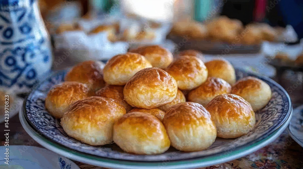 A plate piled high with freshly baked golden buns A plate piled high with freshly baked golden buns