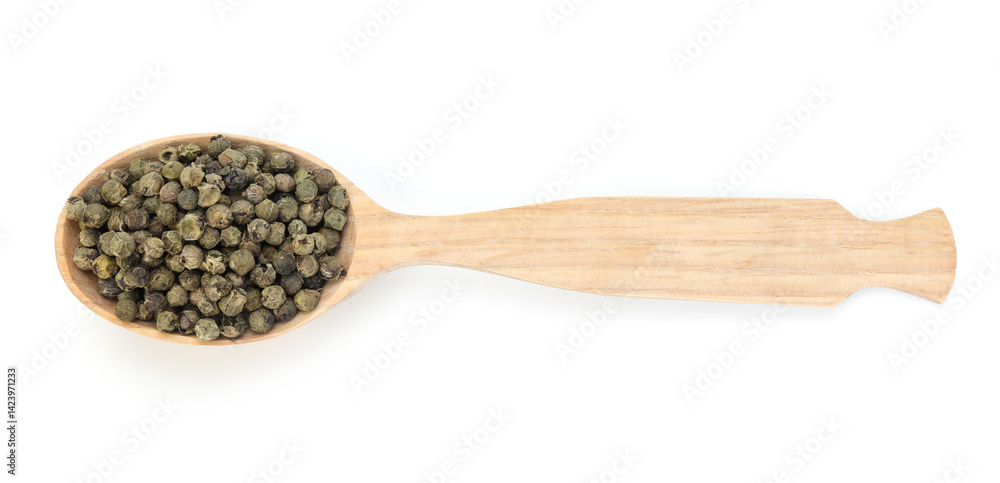 Aromatic green pepper in wooden spoon isolated on white, top view Aromatic green pepper in wooden spoon isolated on white, top view
