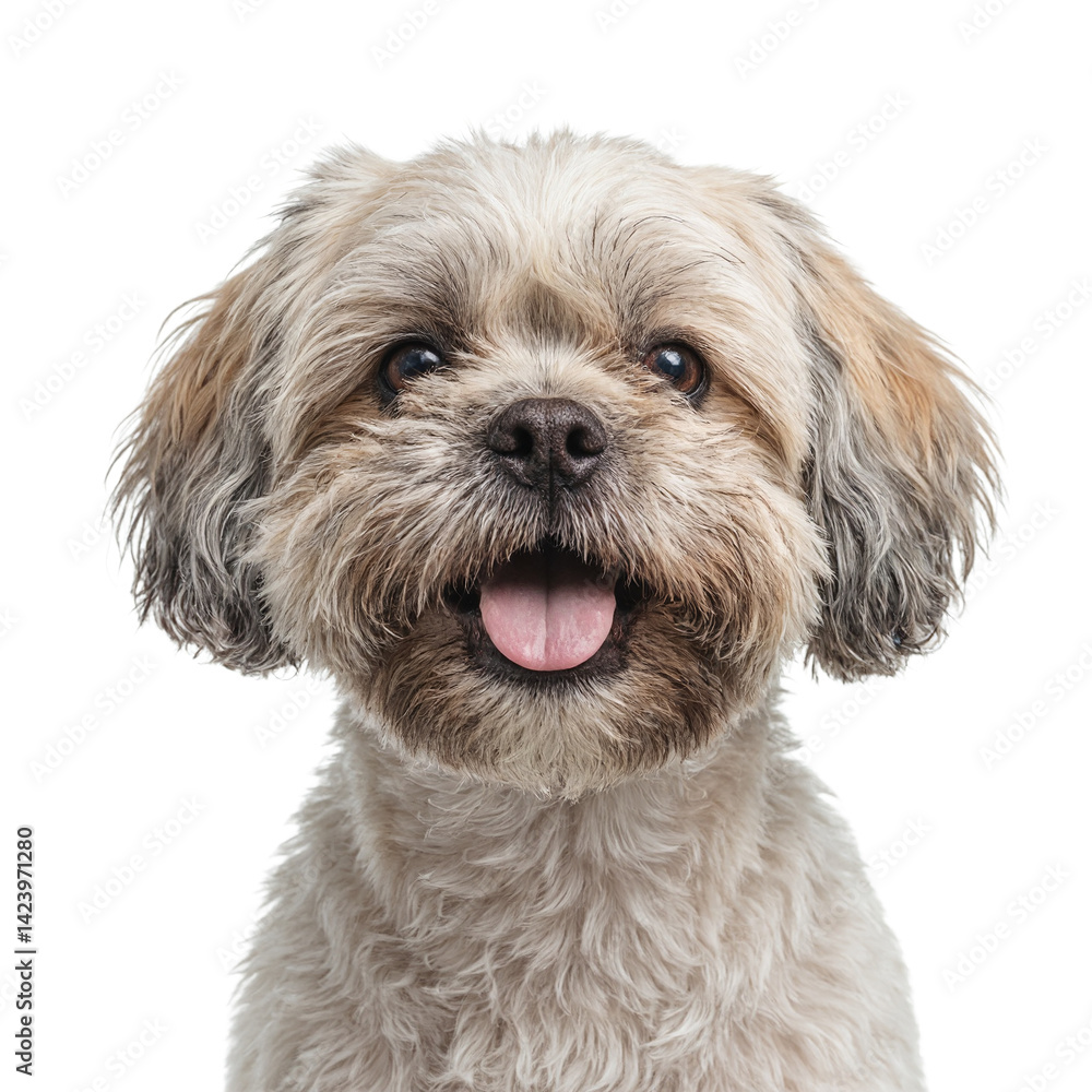 Isolated headshot of a fluffy Shih Tzu dog with a vibrant expression showcasing its wild and beautiful hair