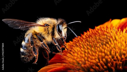 Bee close to flower in macro with black background