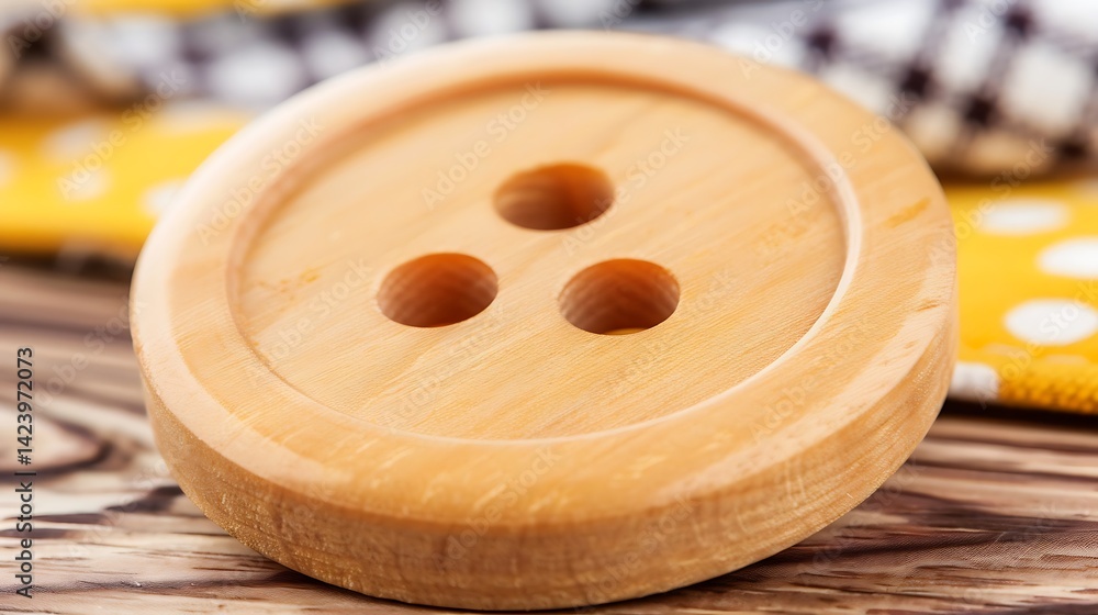 Wooden button with three holes resting on a rustic wooden surface close-up Wooden button with three holes resting on a rustic wooden surface close-up