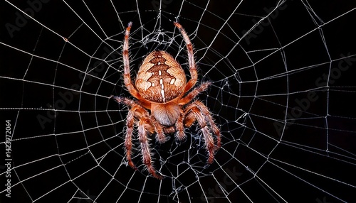 Spider in the web with black background in macro lens