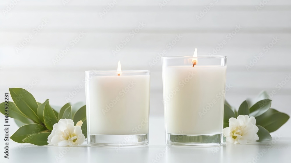 Two Scented Candles with Flowers Minimalist Bright Lighting, Square Glass Containers, Tranquil Atmosphere, White Wooden Background, Serene and Pure, Perfect for Spa Advertising Two Scented Candles with Flowers Minimalist Bright Lighting, Square Glass Containers, Tranquil Atmosphere, White Wooden Background, Serene and Pure, Perfect for Spa Advertising
