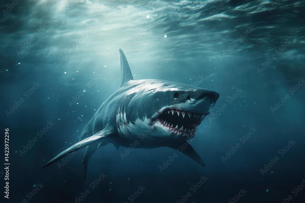 Naklejka premium A massive, prehistoric-looking shark glides through the dark ocean depths. Its battle-scarred body softly reflects light, enhancing its mysterious and formidable presence.