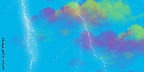 Freeform blue gradient background with blur noise effects and lightning motif. Lightning flashes in the sky during a thunderstorm.
