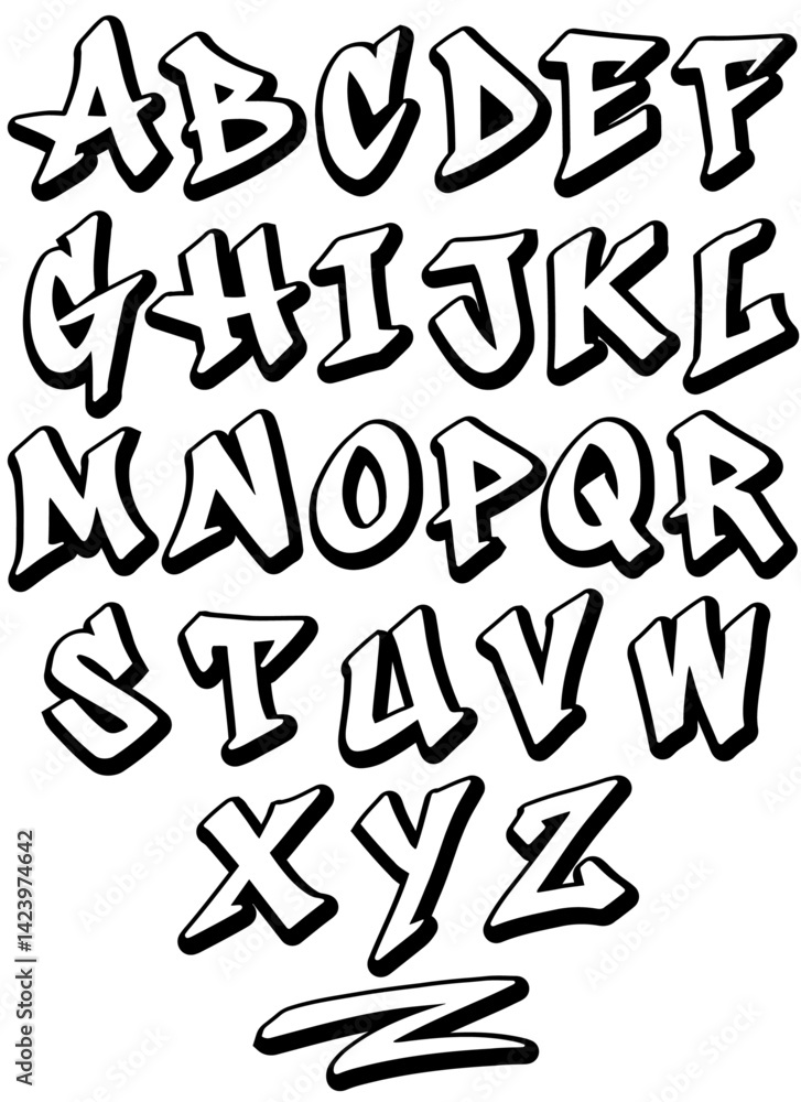 Graffiti letters set, vector hand drawn graffiti alphabet font A to Z, white letters with black outline and black shadow, including underline element Graffiti letters set, vector hand drawn graffiti alphabet font A to Z, white letters with black outline and black shadow, including underline element