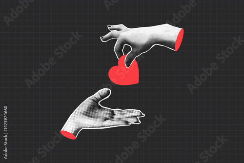 Two halftone hands give heart from one to other. Collage female hands with heart or like. Concept of charity and love or likes on social media. Collage halftone element. Vector.