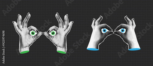 Hands binoculars with halftone effect. Collage gesture hands binoculars with cartoon eyes. Concept of searching or explore. Collage halftone elements for banners and social media. Vector.