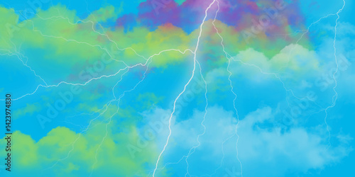 Freeform blue gradient background with blur noise effects and lightning motif. Lightning flashes in the sky during a thunderstorm.
