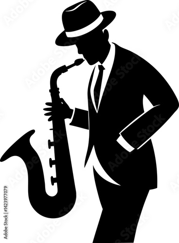 Saxophone Player in Stylish Fedora Pose, Illustration of a Silhouette Celebrating International Jazz Day.