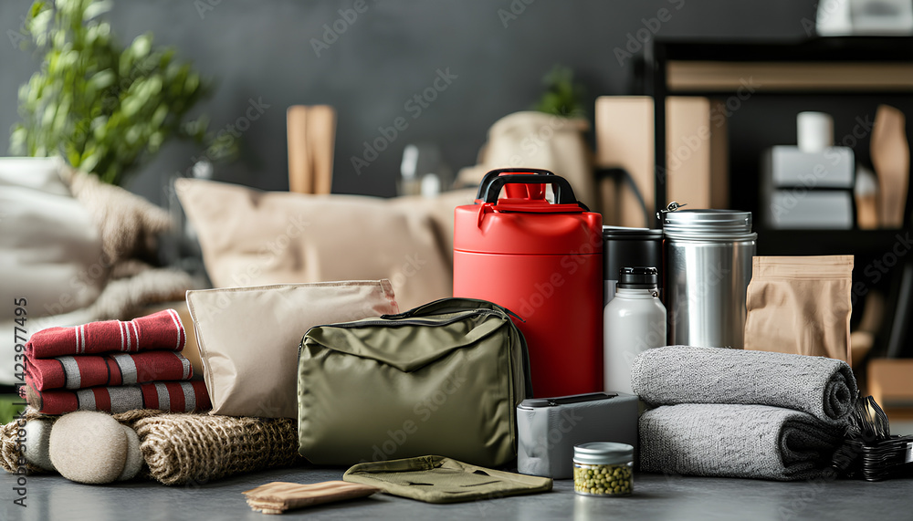 Disaster supply kit for ertnkuake on grey table indoors