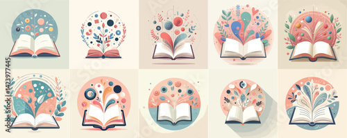 Imagination Blooming: Whimsical Open Book Illustrations Set