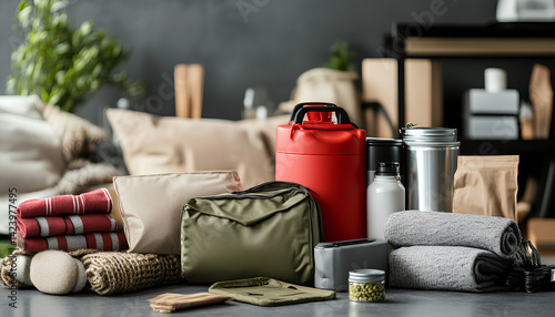 Obraz na płótnie Disaster supply kit for ertnkuake on grey table indoors w salonie