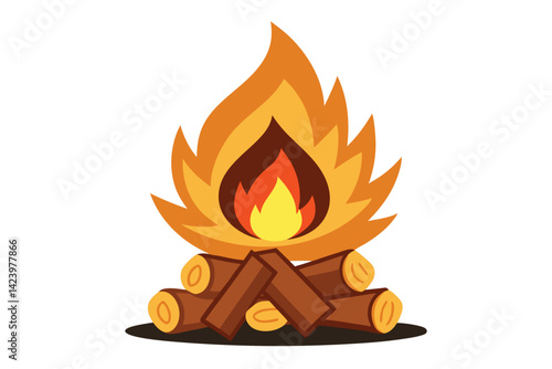 Cartoon Campfire Clipart Flames Illustration, Wooden Log Firewood Camp