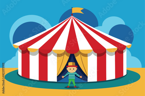 Cartoon Circus Tent Vector, Red and White Stripes, Entertainer With Hat, Stage