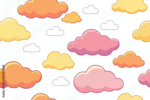Cartoon clouds pattern on white backdrop, soft pastel colors,
