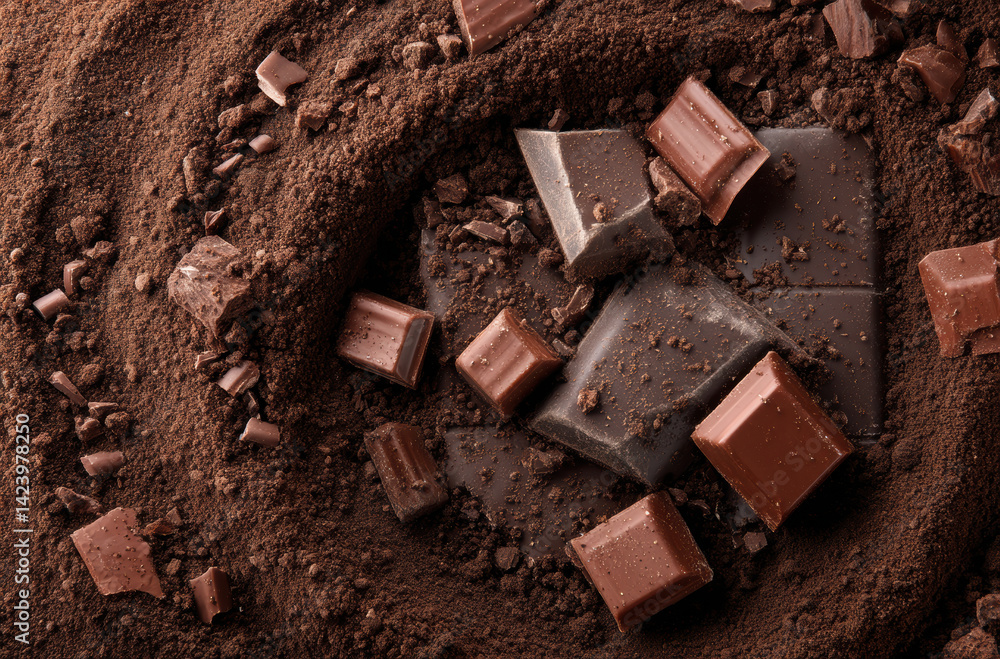 Rich chocolate pieces surrounded by cocoa powder create delightful and indulgent scene, perfect for dessert lovers Rich chocolate pieces surrounded by cocoa powder create delightful and indulgent scene, perfect for dessert lovers