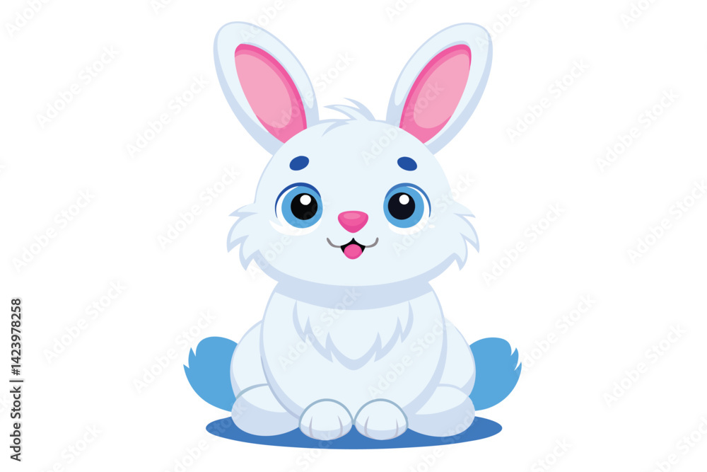 Obraz premium Cartoon Fluffy Rabbit on White, Sitting and Smiling, Animal