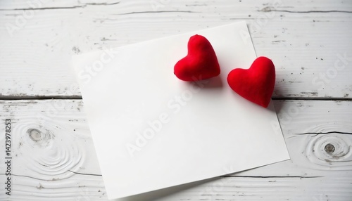 Two red felt hearts resting beside a blank sheet of paper on a rustic wooden surface