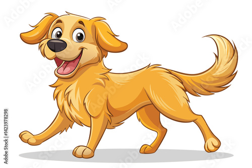 Cartoon Golden Retriever Running Happily with Mouth Open on White Background