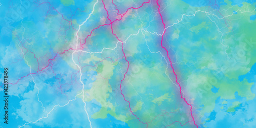 Freeform blue gradient background with blur noise effects and lightning motif. Lightning flashes in the sky during a thunderstorm.
