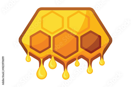 Cartoon Honeycomb with Dripping Honey, Yellow Hexagons on Transparent Background