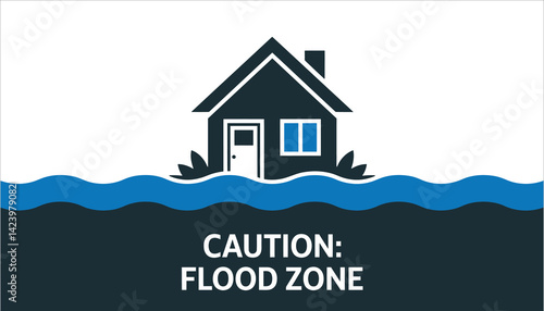 Flood Zone Warning Vector with House and Water Icon for Disaster Preparedness Design