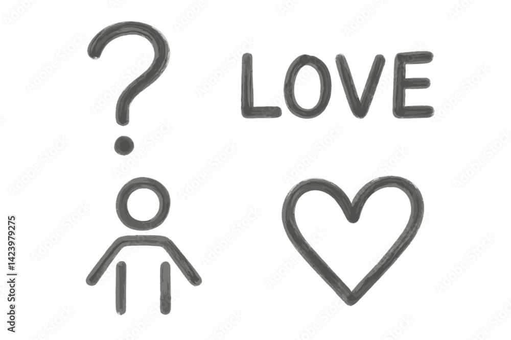 Vector line set of social icons featuring a question mark, love word, person symbol, and heart symbol for communication themes Vector line set of social icons featuring a question mark, love word, person symbol, and heart symbol for communication themes