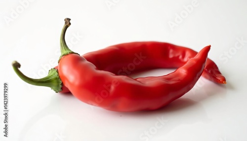 Two vibrant red chili peppers resting on a clean white surface, highlighting their glossy texture