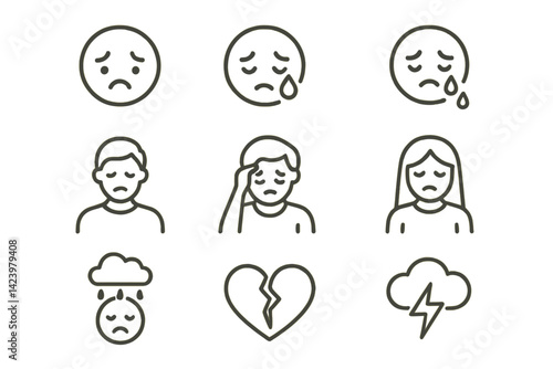 Vector line set icon depicting various emotions including sadness, distress, and heartbreak in simple designs