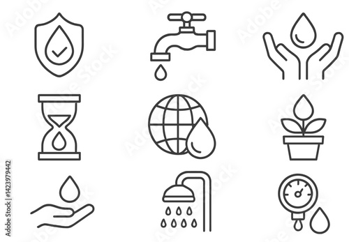 Vector line icons depicting water-related themes including conservation, usage, and quality assurance