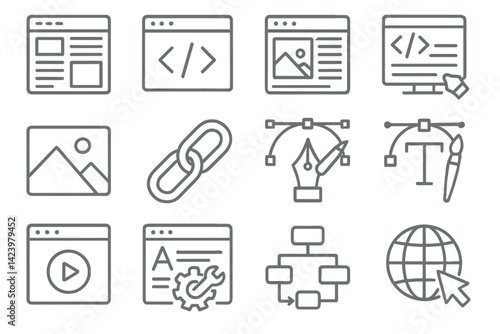 Vector line set icons representing various web design and development aspects including images, links, and tools for editing