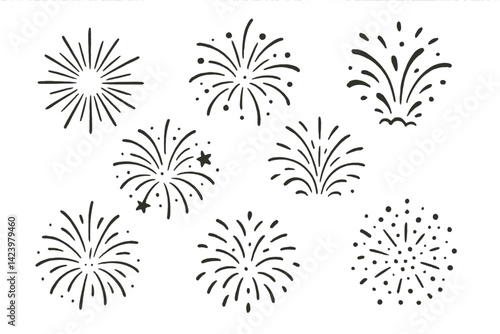 Vector line set of decorative fireworks illustrations featuring various designs and styles for celebratory themes