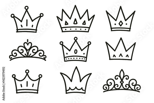 Various crown designs represented as vector line art for graphic use and creative projects